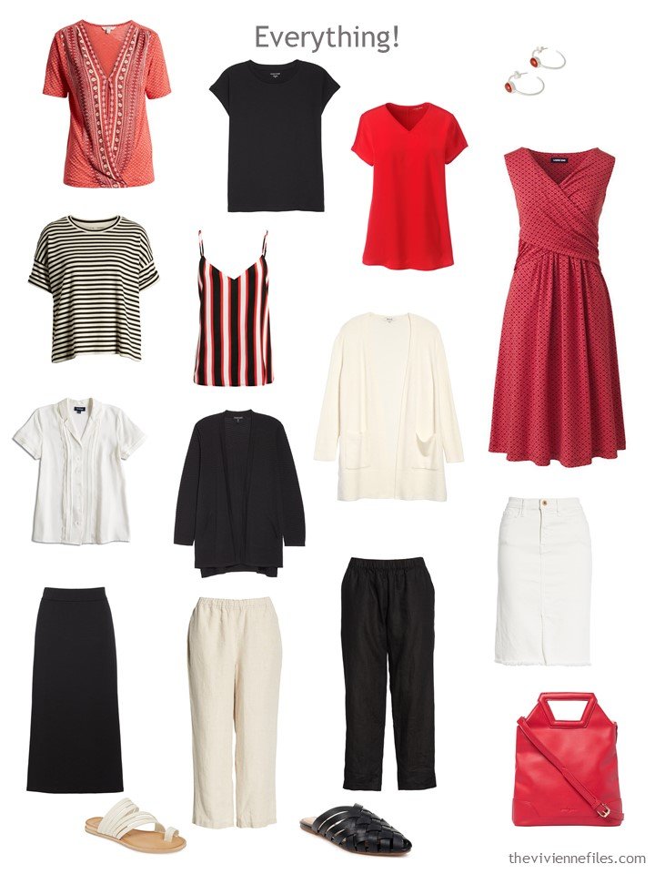 9. 13-piece travel capsule wardrobe in black, red and beige