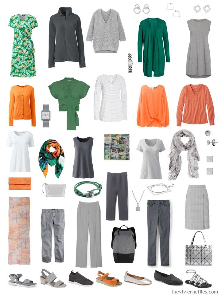 9. 2 season capsule wardrobe in grey, green, orange and white