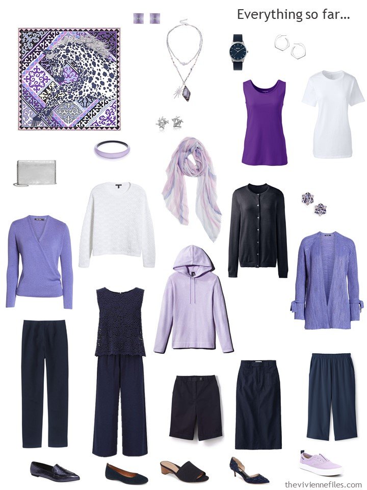 9. travel capsule wardrobe in navy and shades of purple