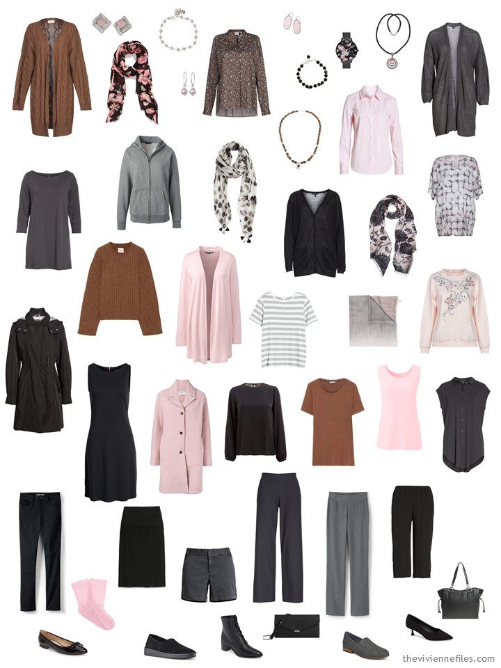 10. 23-piece capsule wardrobe in black, grey, brown and pink