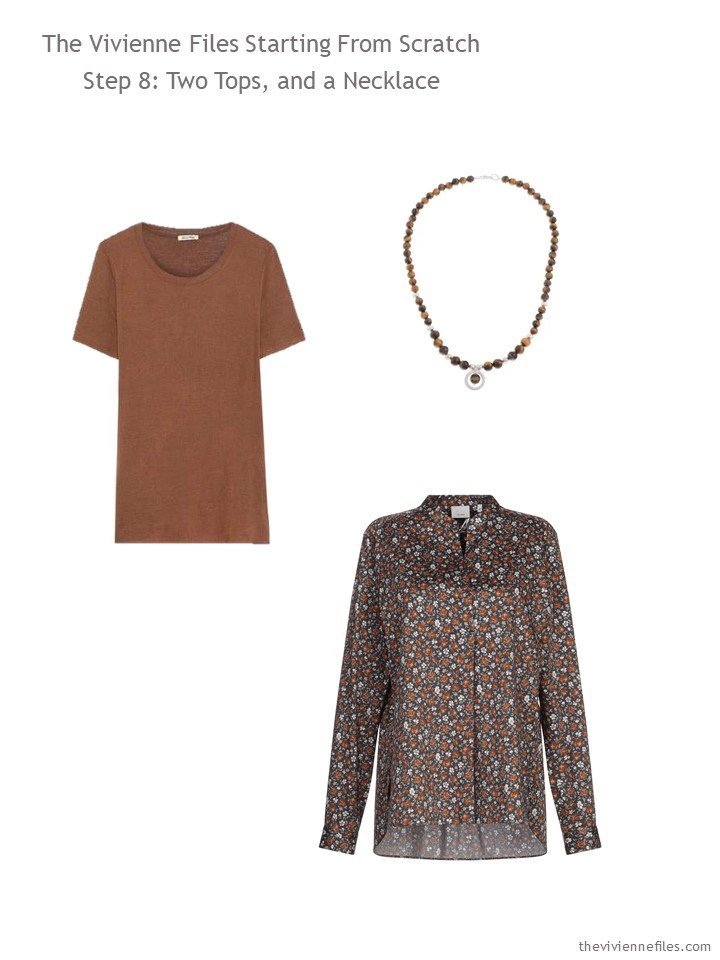 10. adding a brown tee, floral shirt and necklace to a wardrobe