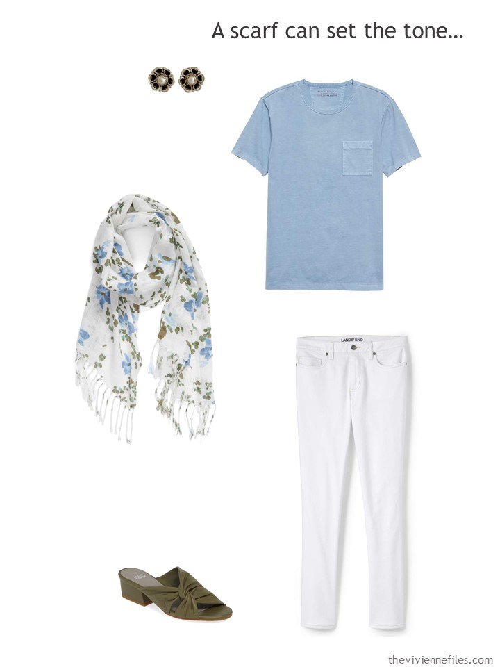 10. wearing white jeans with a floral scarf