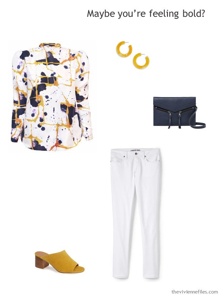 11. wearing white jeans with a bold silk blouse