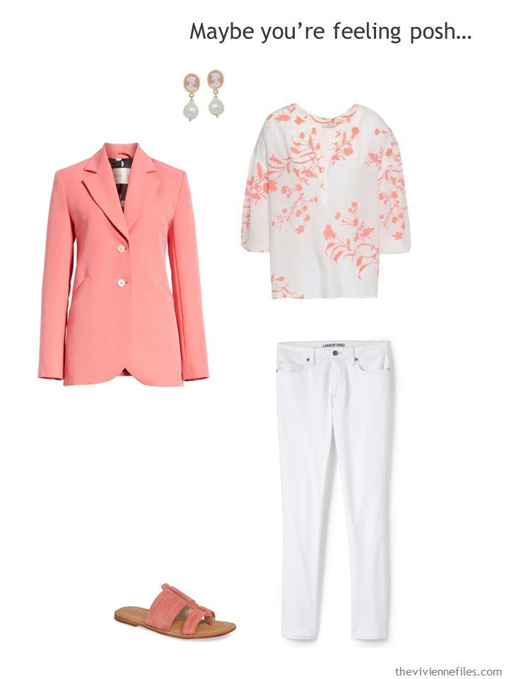 12. wearing white jeans with a pink blazer and floral blouse