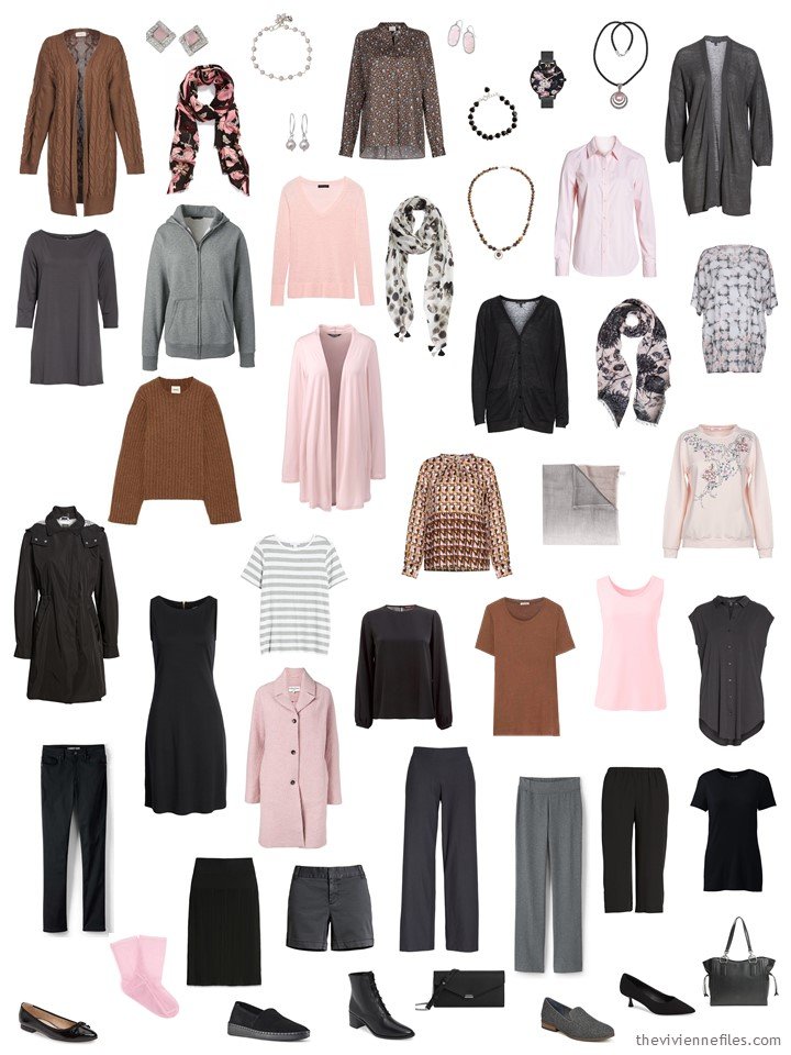 13. 26-piece capsule wardrobe in black, grey, brown and pink