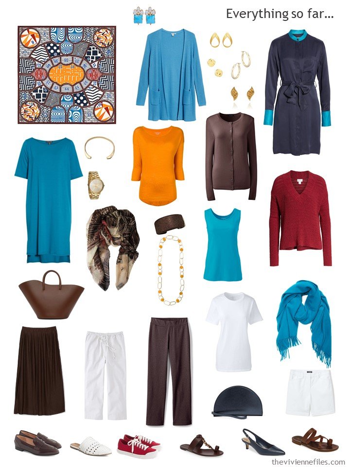 19. capsule wardrobe in brown, turquoise, red, and white