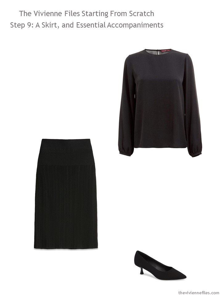 2. adding a black skirt and blouse to a capsule wardrobe