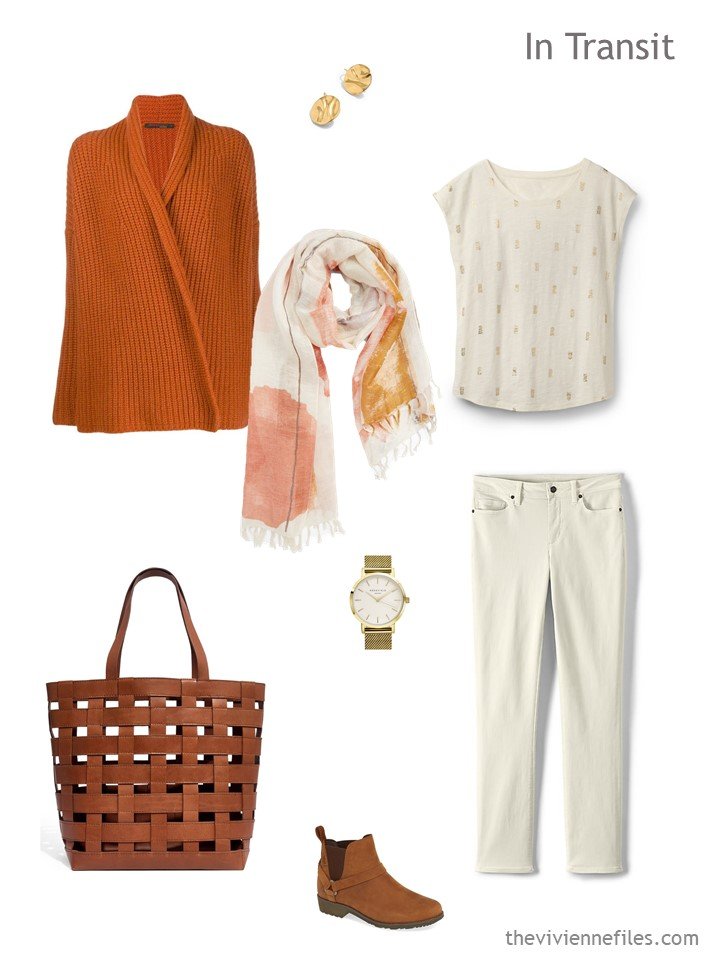 2. travel outfit in ivory and rust