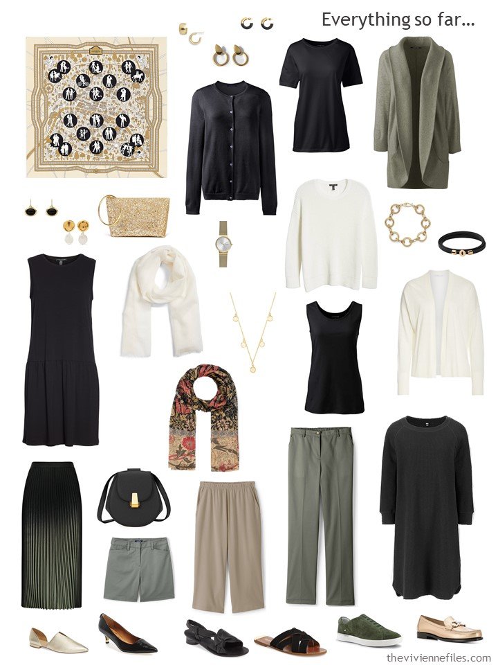 23. capsule wardrobe in black, ivory, and olive