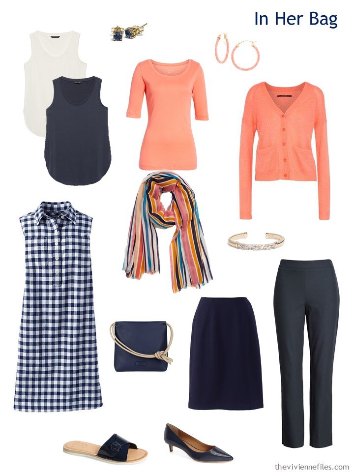 3. Six Pack Travel capsule wardrobe in navy, coral and ivory