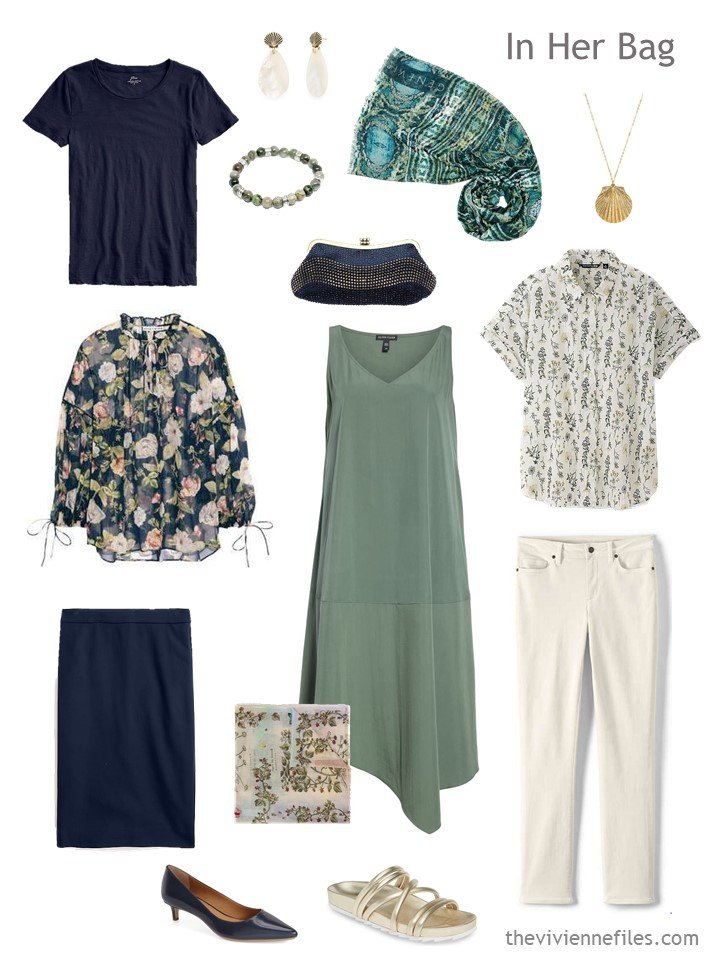 3. sage,navy and beige six pack travel capsule wardrobe