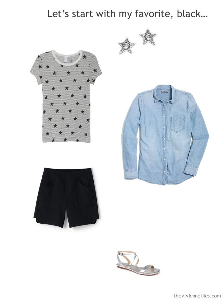 3. wearing a chambray shirt over shorts and a tee shirt