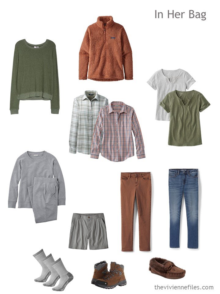 3. winter clothes to store in green, rust and grey