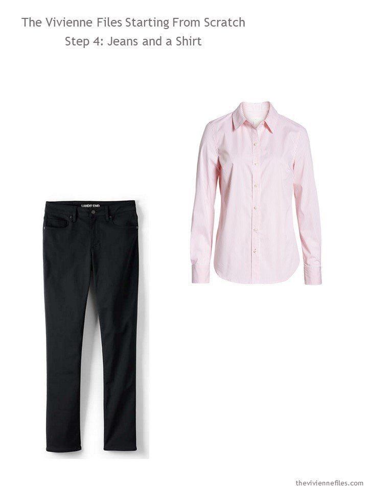 4. adding black jeans and a pink shirt to a wardrobe