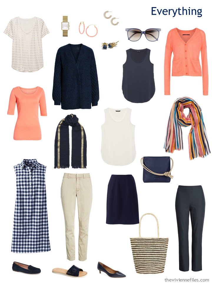 4. travel capsule wardrobe in navy, coral and beige