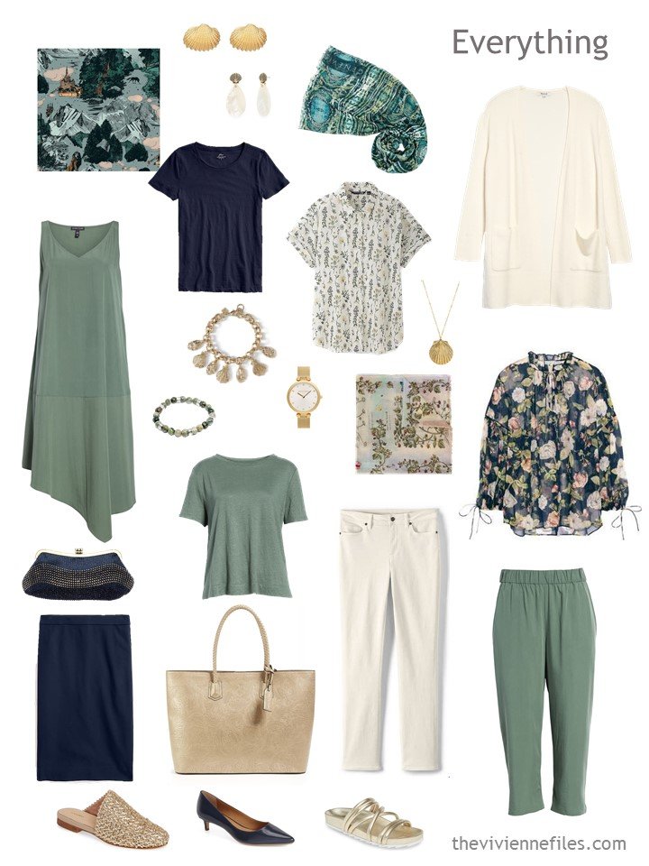 4. travel capsule wardrobe in navy, sage and beige