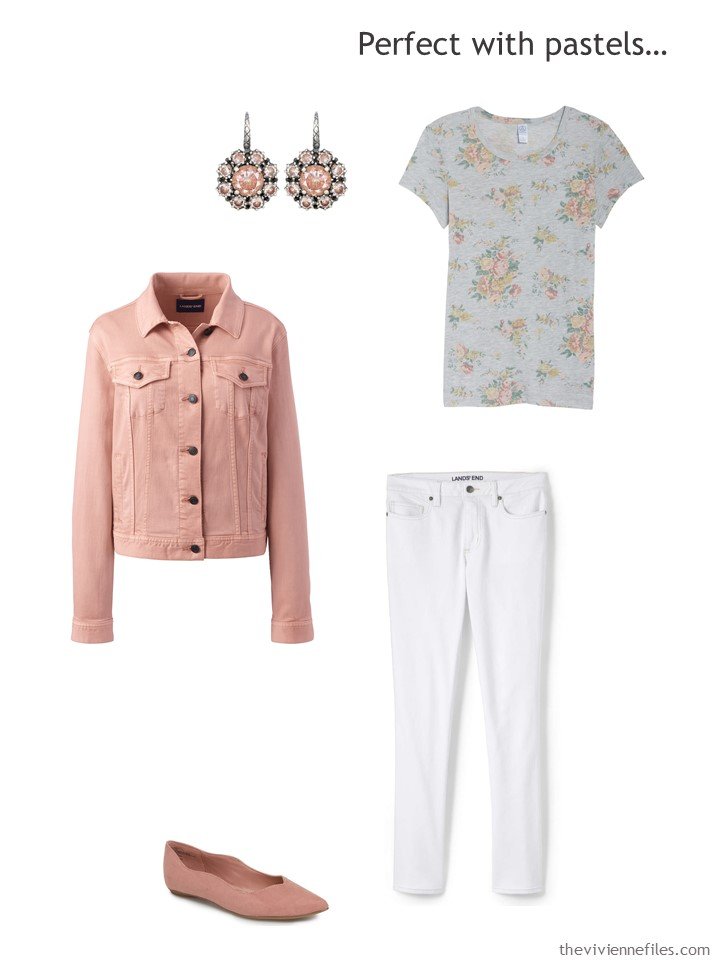 4. wearing white jeans with blush and grey