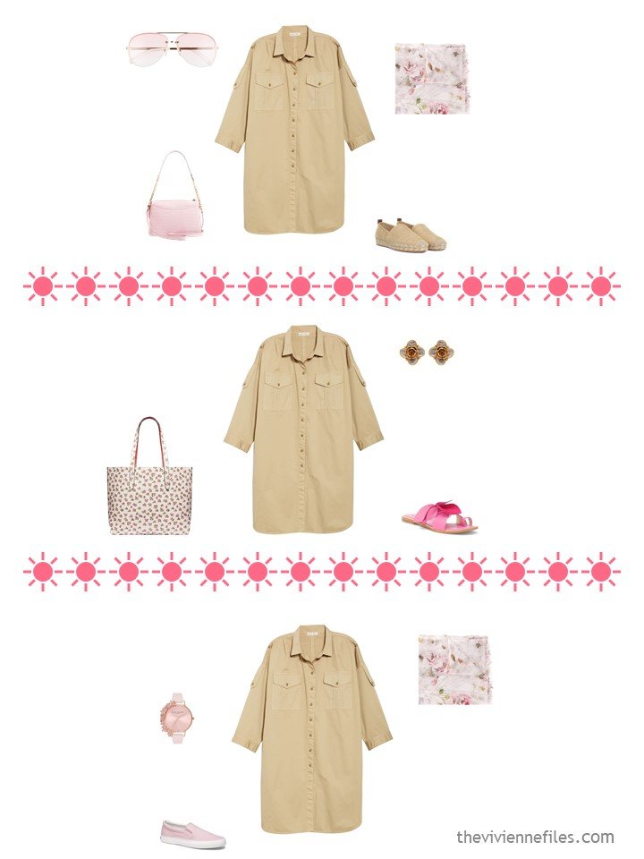 5. 3 ways to wear a beige shirtdress from a travel capsule wardrobe