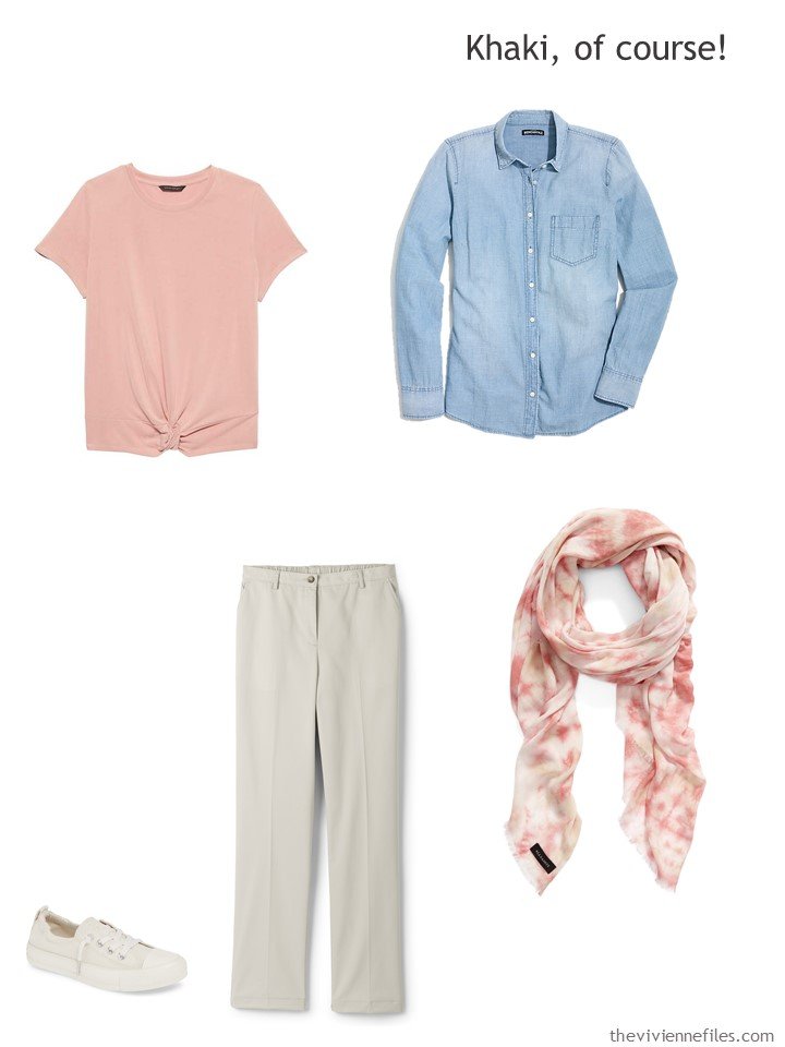 5. wearing a chambray shirt with khakis and a blush tee