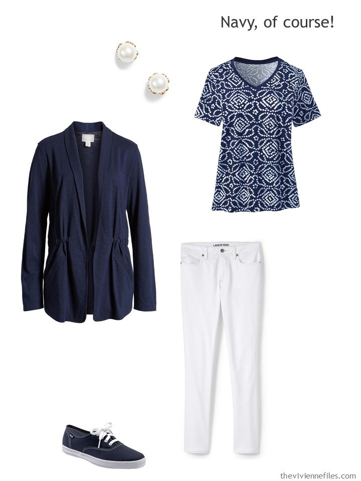 5. wearing white jeans with navy