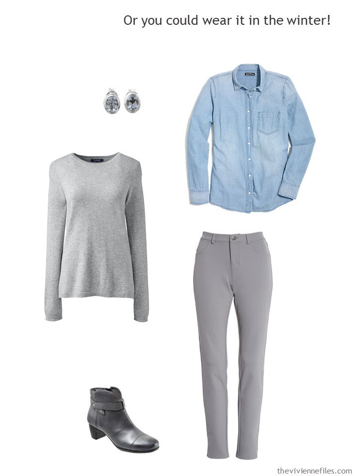 6. wearing a chambray shirt with grey