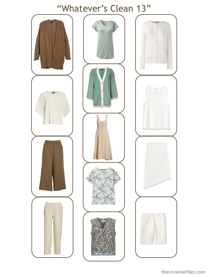 7. complete Whatever's Clean 13 wardrobe in beige, brown, and green