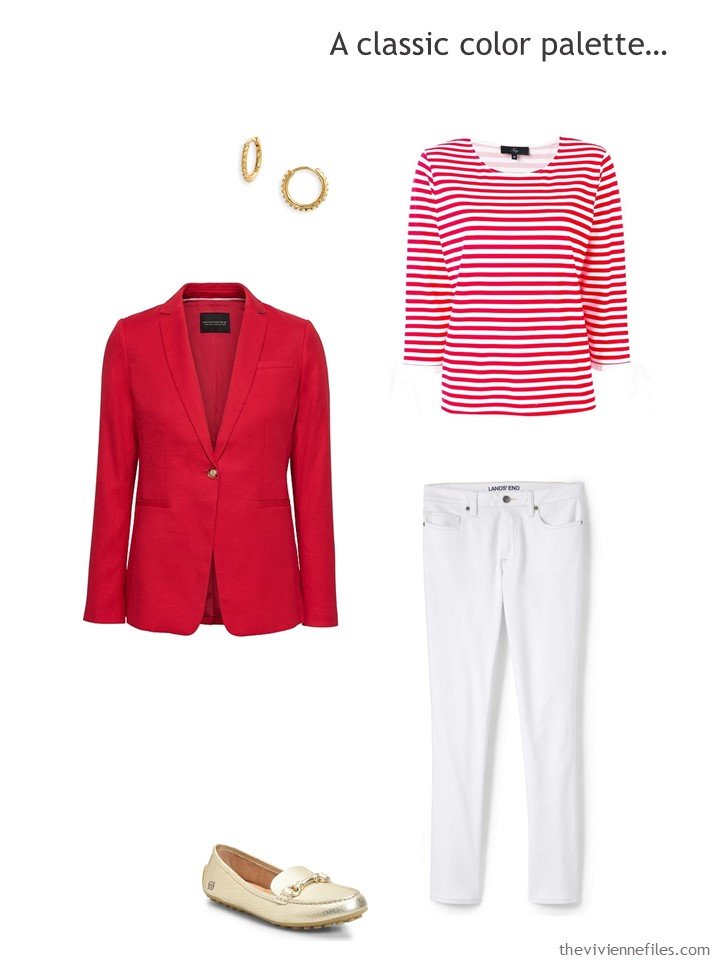 7. wearing white jeans with red