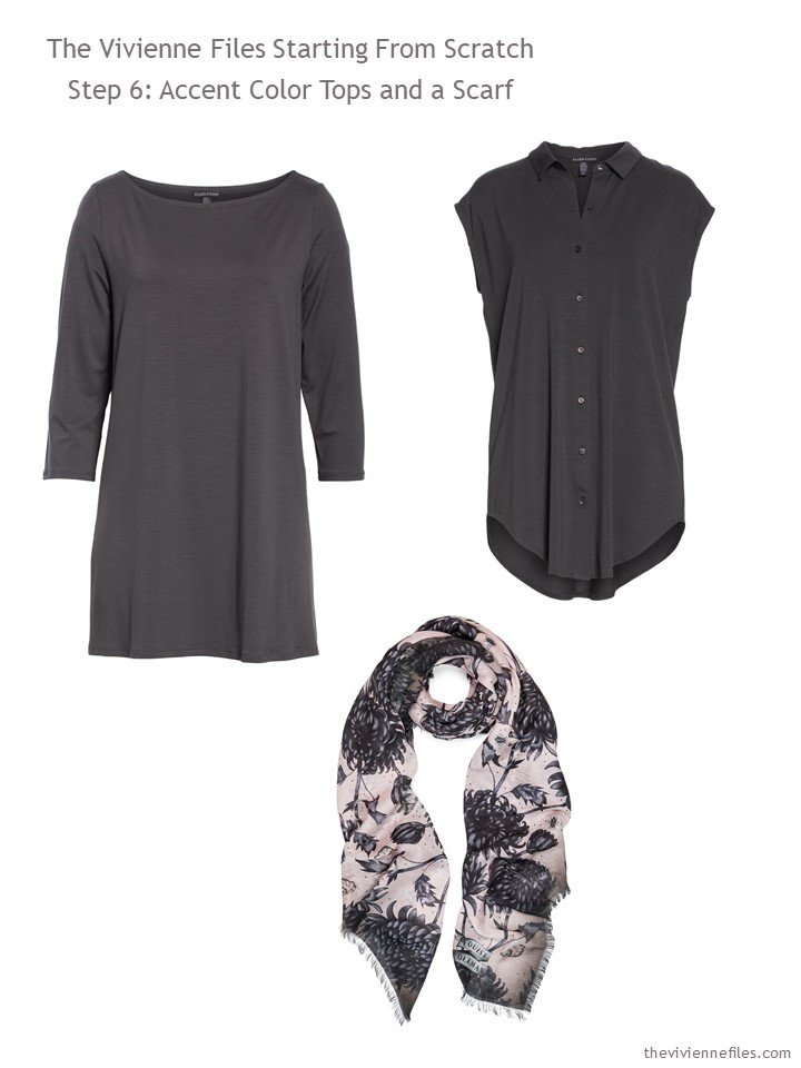 8. adding 2 charcoal tops and a scarf to a wardrobe