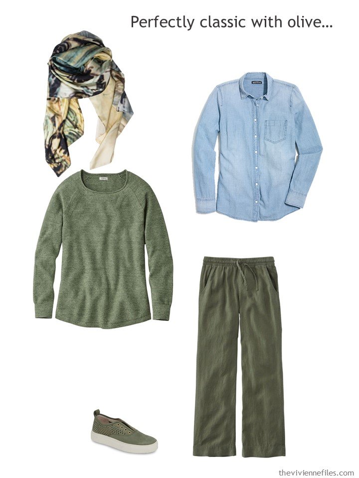 8. wearing a chambray shirt with olive