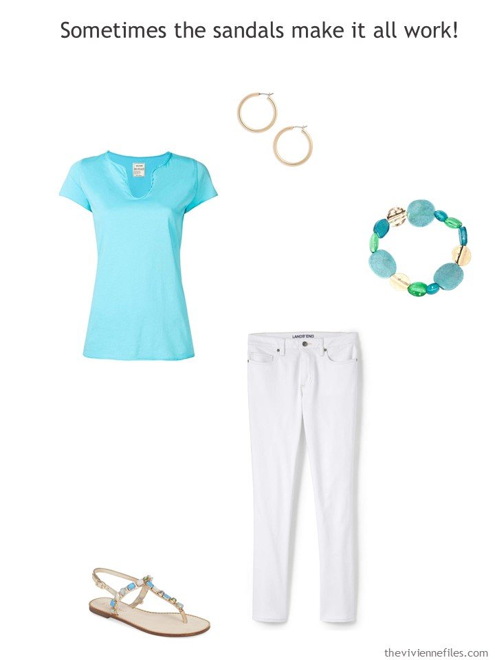 8. wearing white jeans with turquoise