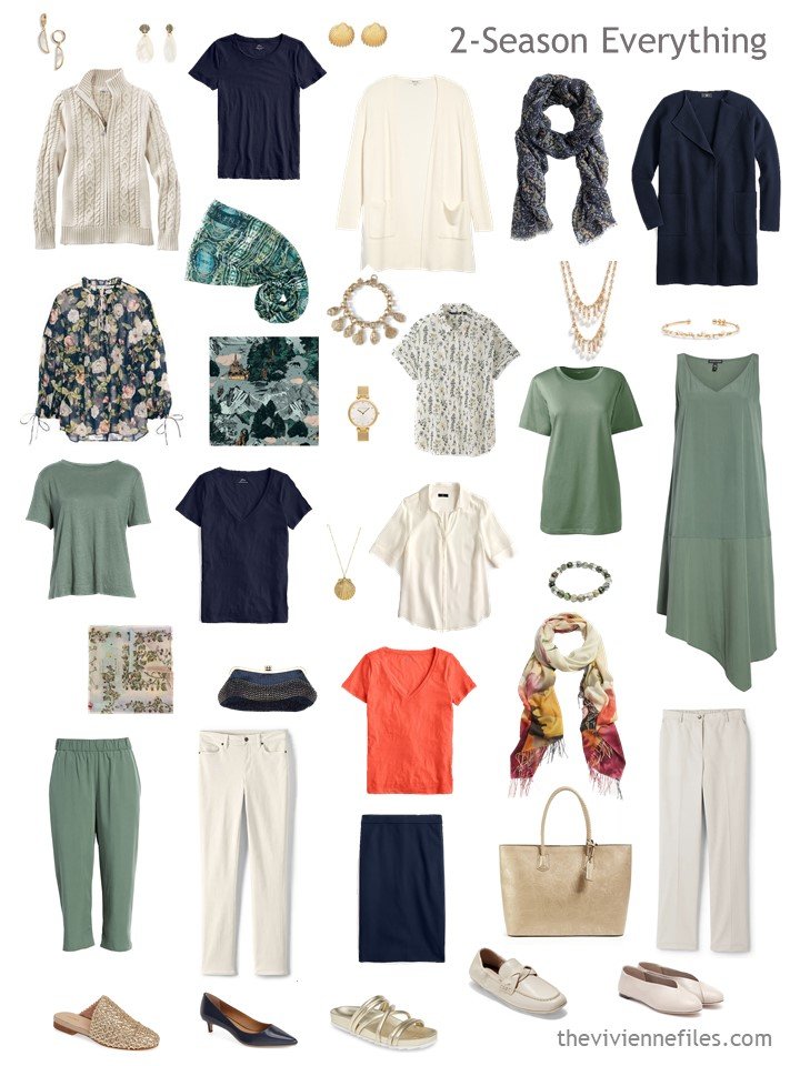 9. 2 season capsule wardrobe in sage, navy, orange and ivory