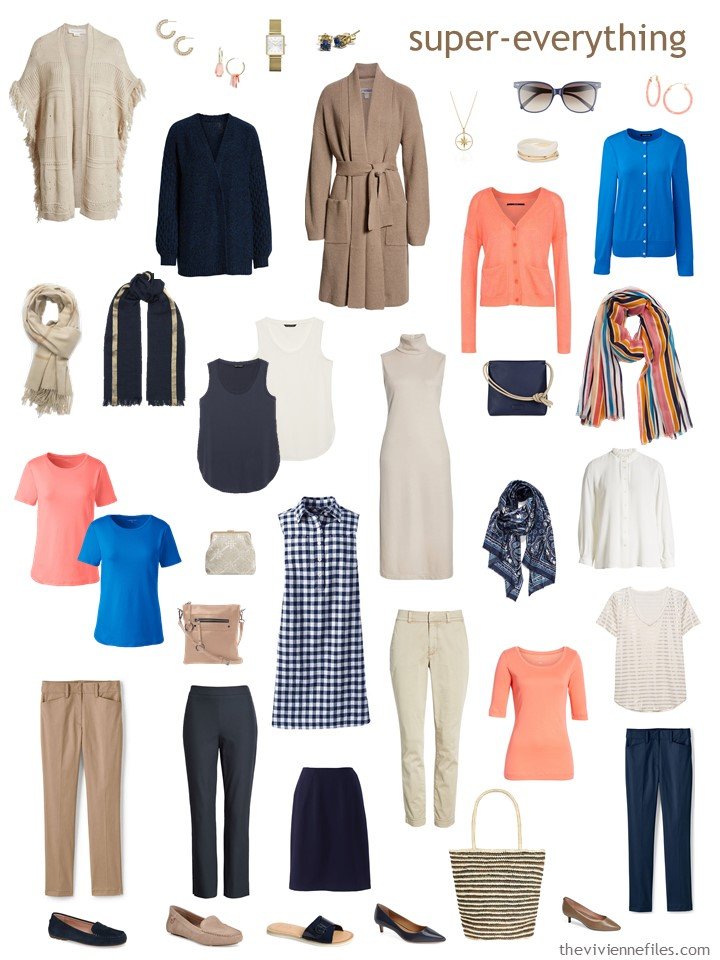 9. 2 season wardrobe in navy, beige, brown and coral