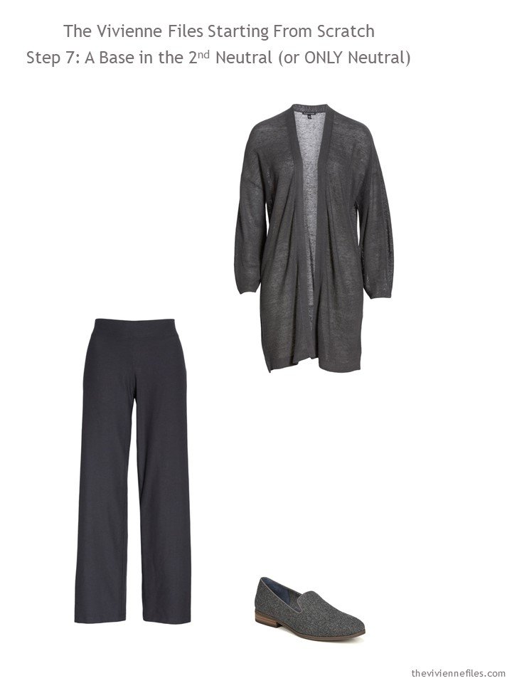 9. adding charcoal pants and cardigan and loafers to a wardrdobe