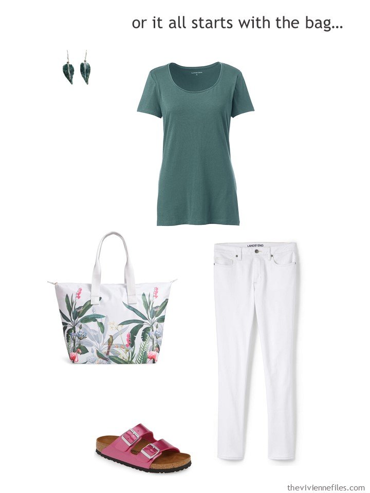 9. waring white jeans with a floral tote bag