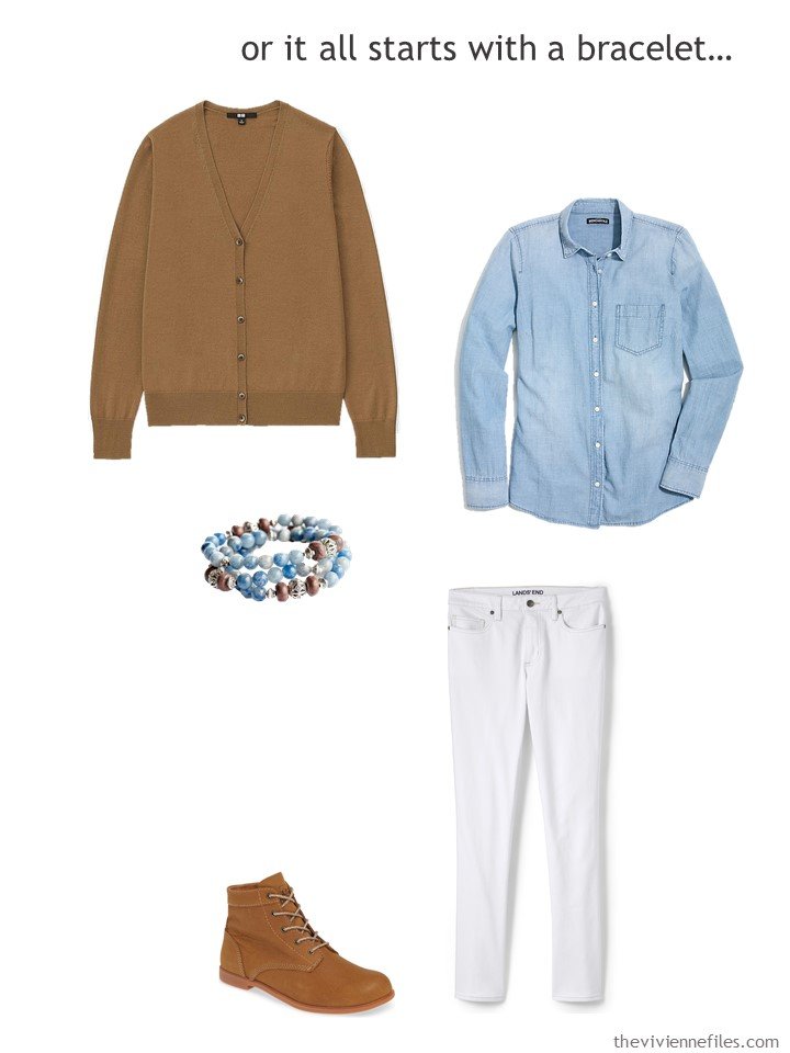 9. wearing a chambray shirt with brown and white
