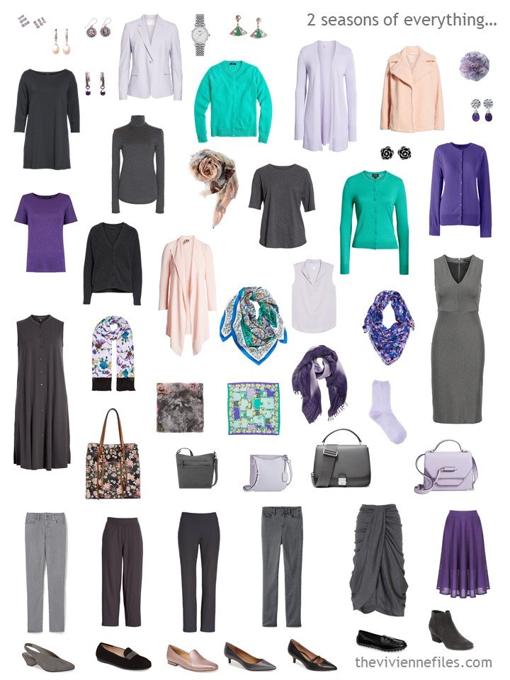 11. 2 season capsule wardrobe in grey with shades of purple, peach and green