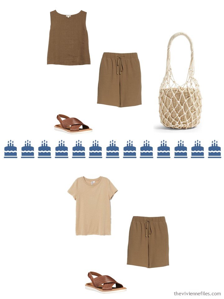 11. 2 ways to wear brown shorts from a Whatever's Clean 13 travel capsule wardrobe