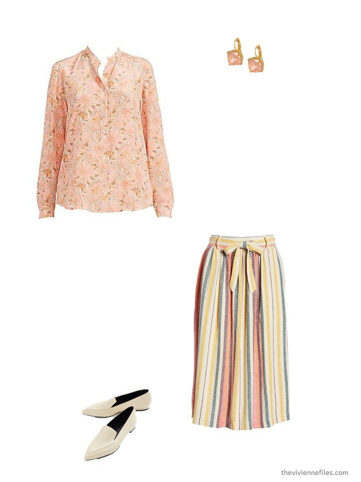 11. striped skirt with light coral floral blouse