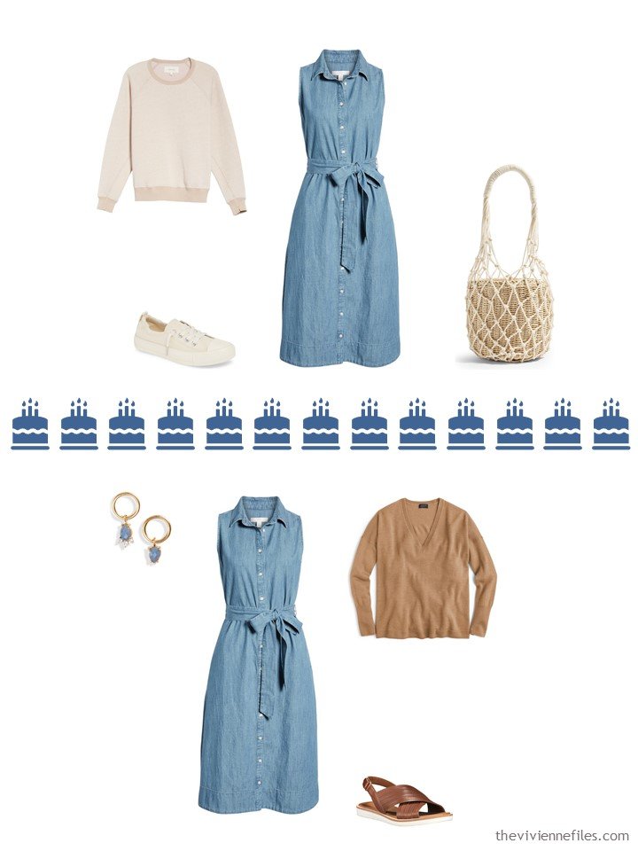 12. 2 ways to wear a chambray dress from a Whatever's Clean 13 travel capsule wardrobe