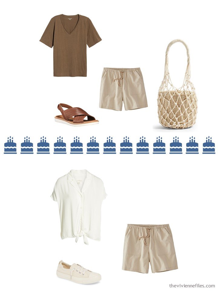 14. 2 ways to wear tan shorts from a Whatever's Clean 13 travel capsule wardrobe