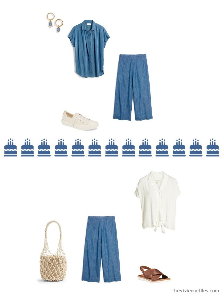 `2. 2 ways to wear chambray cropped pants from a Whatever's Clean 13 travel capsule wardrobe