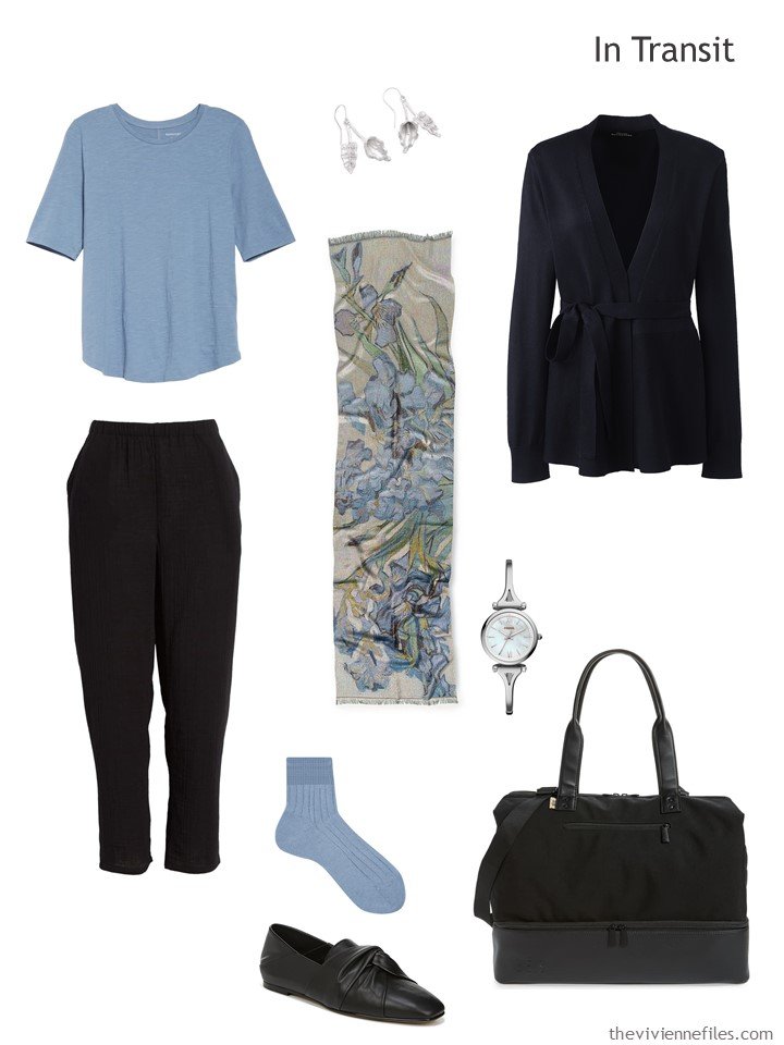 2. travel outfit in black and dusky blue