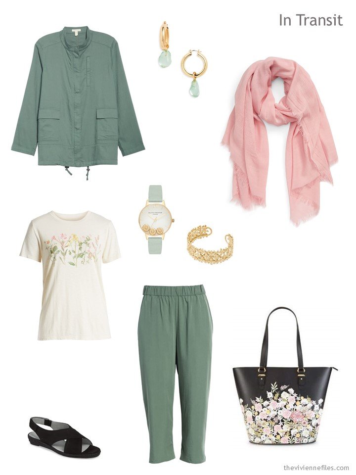 2. travel outfit in sage green with floral accents