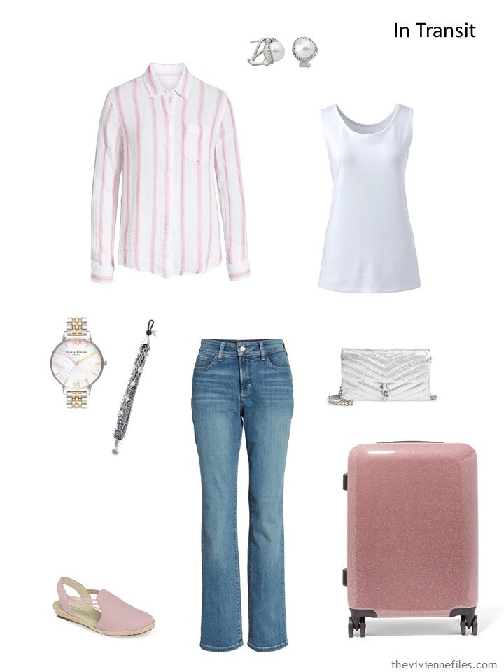 3. denim, pink and white travel outfit