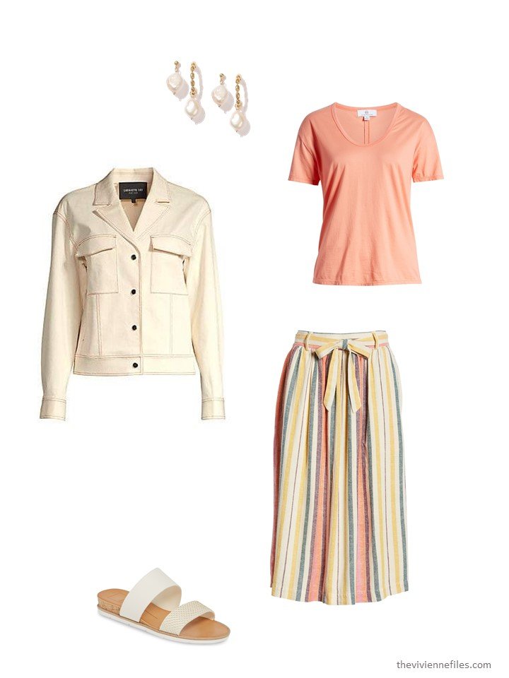 3. striped skirt with bone denim jacket and peach tee