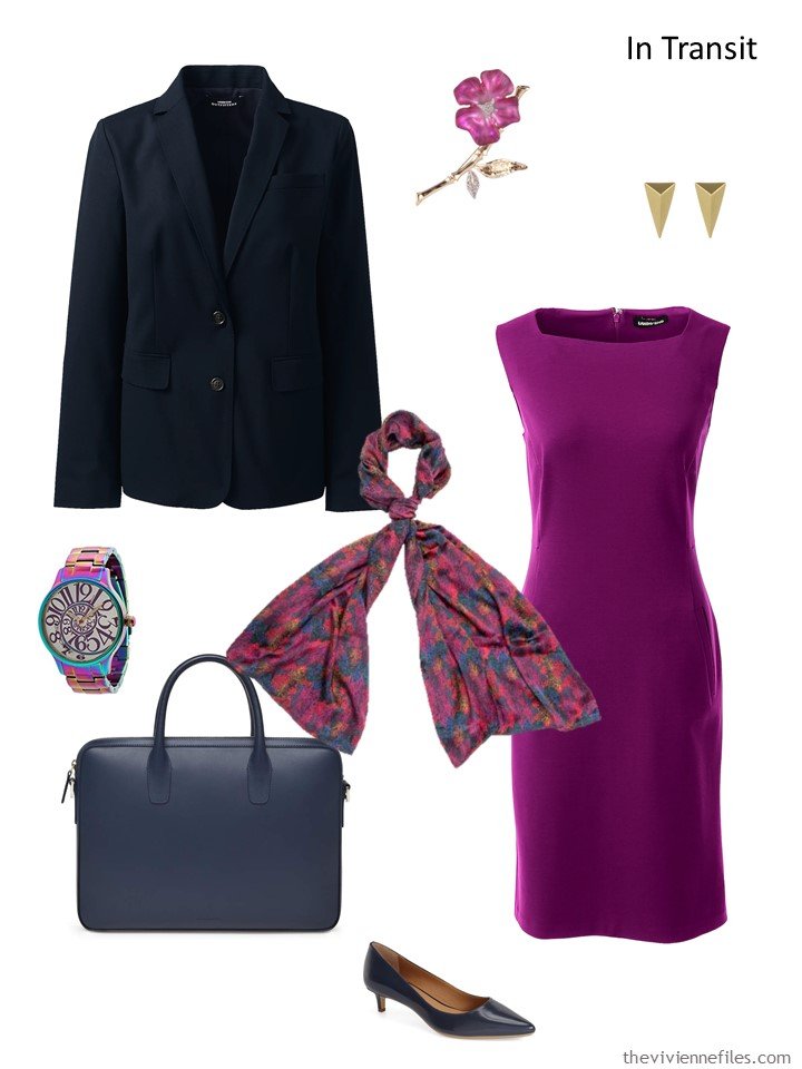 3. travel outfit in purple and navy