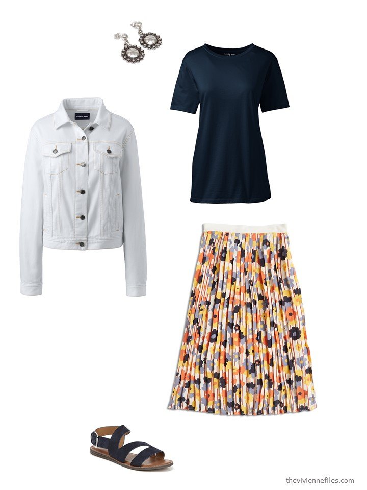 3. wearing a floral skirt with a denim jacket