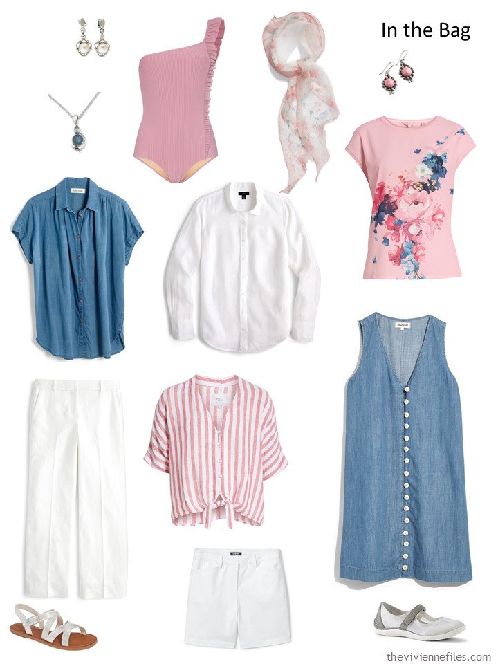 4. denim, pink and white travel capsule wardrobe