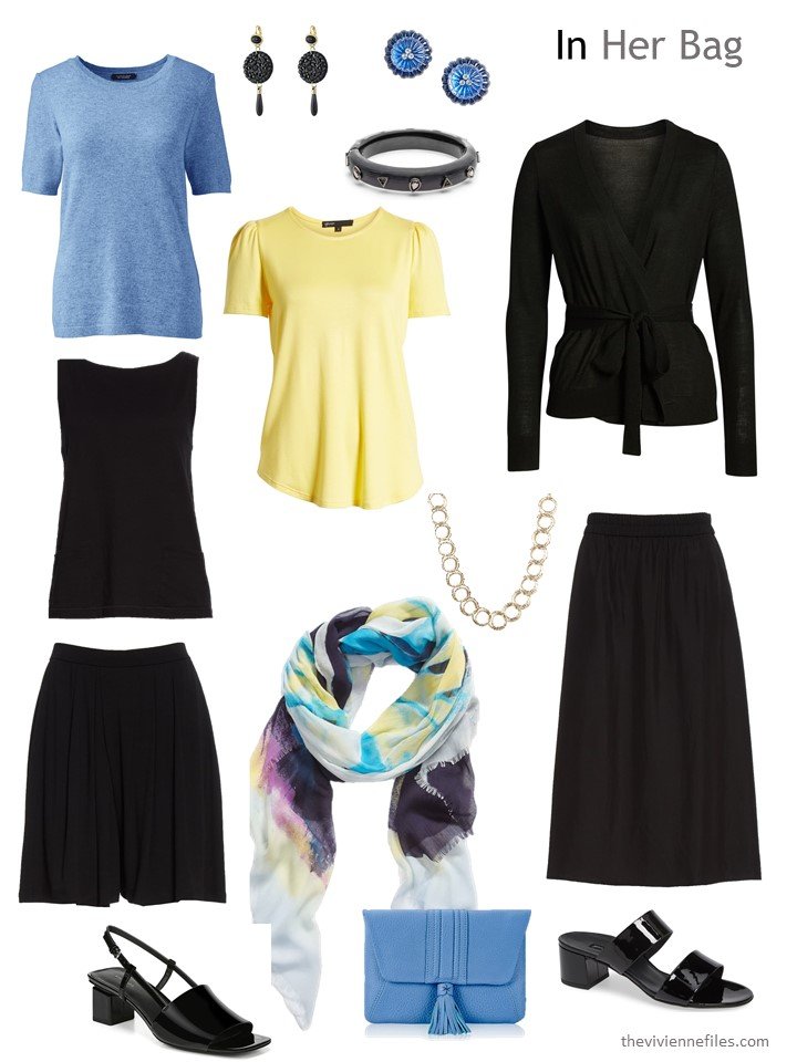 4. six-pack travel capsule wardrobe in black, blue and yellow