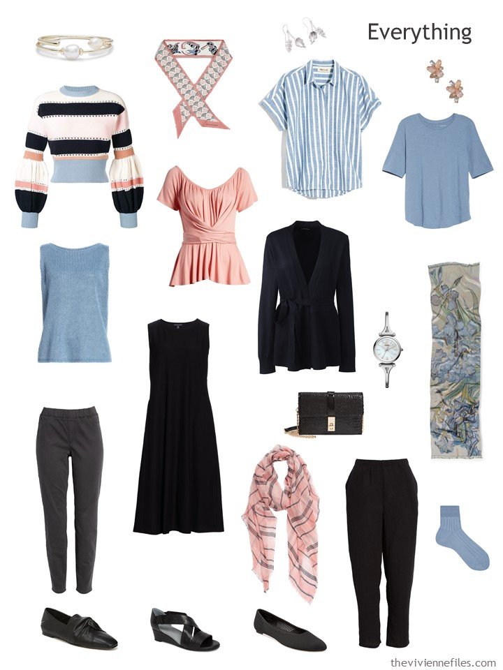 4. travel capsule wardrobe in black, dusky blue and blush